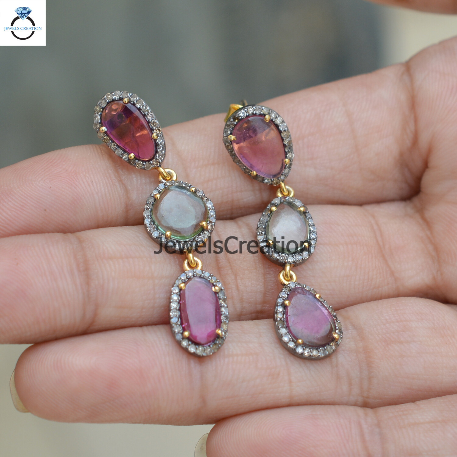 Multi Tourmaline Earrings 925 Silver Diamond Jewelry Handmade Gemstone Earrings