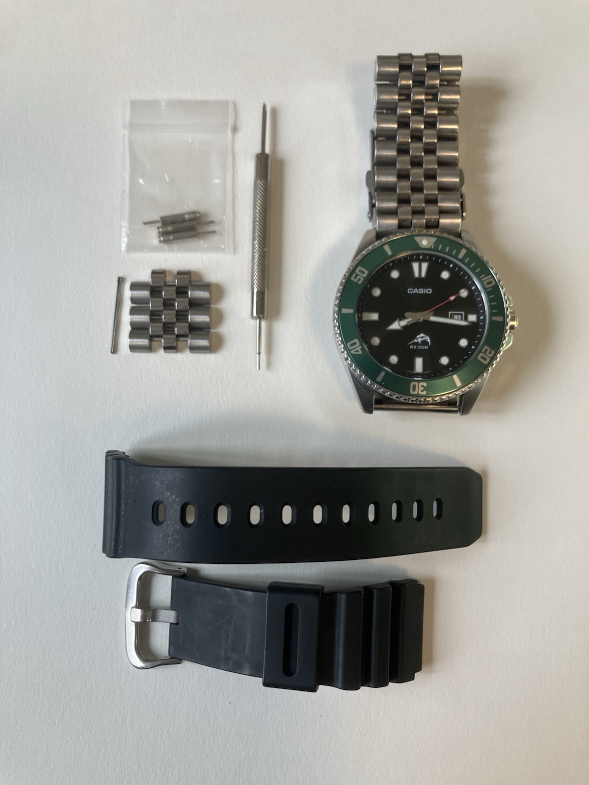 Used Casio MDV106B-1A3V Green Bezel w/Jubilee Style Steel Bracelet + Resin Strap