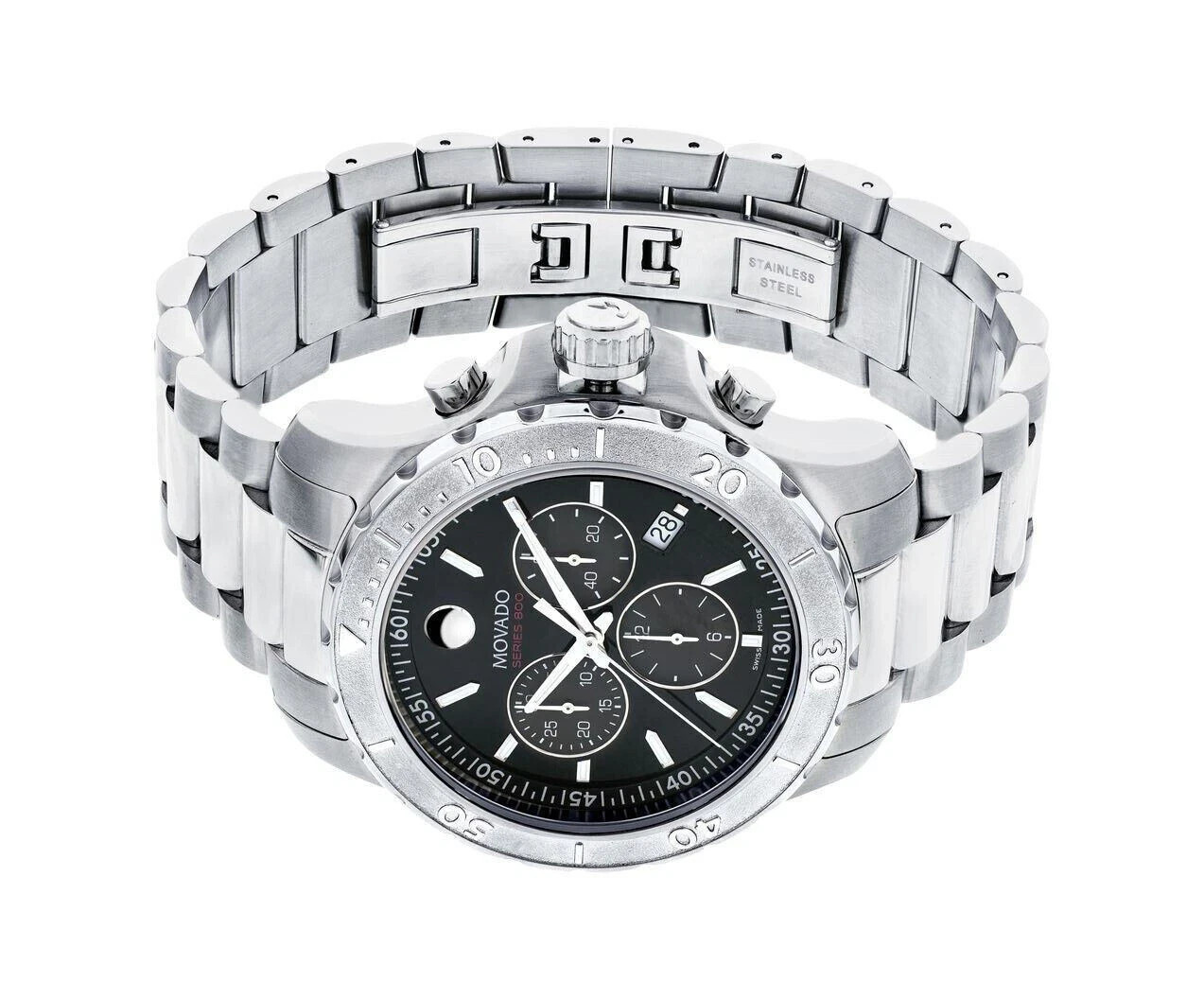New Movado Series 800 Chronograph Black Dial Steel 2600110 Mens Swiss 42mm Watch