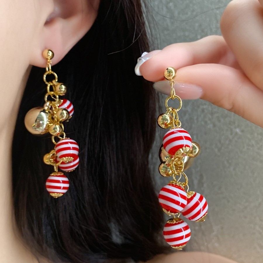 Red White Striped Candy Tassel Gold Plated Ball Chandelier Dangle Drop Earrings