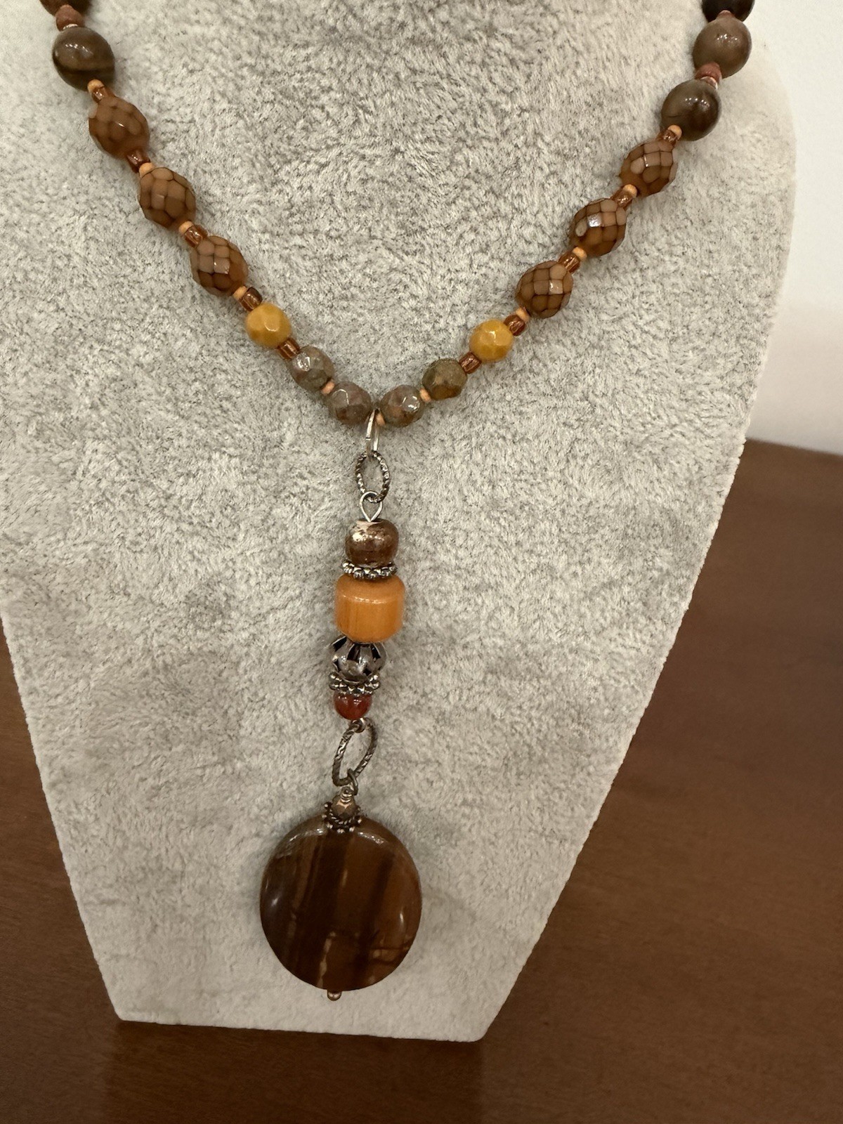 Vintage Brown Smooth & Faceted Beaded Necklace With Jasper Pendant 24”