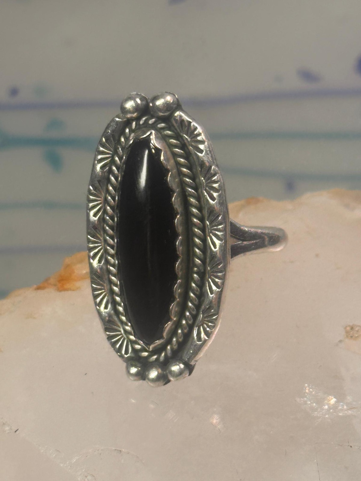 Navajo Ring Long Onyx size 6.5 sterling silver women girls signed LY
