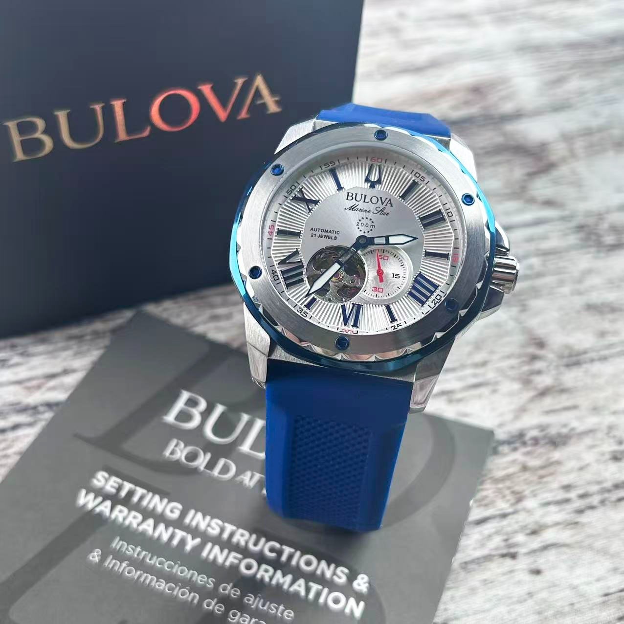 New Bulova Marine Star 98A225 Men’s Automatic Watch White Dial Blue Rubber Strap