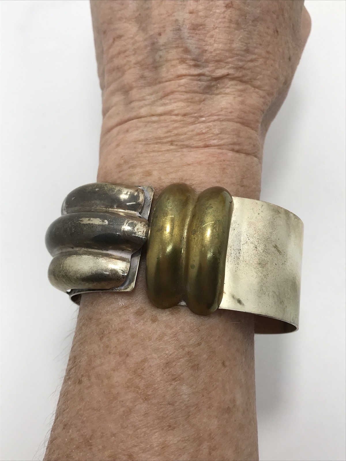 Vintage NVC Mexico 925 Sterling Silver Brass Accent Hinged Bracelet sz 7.25