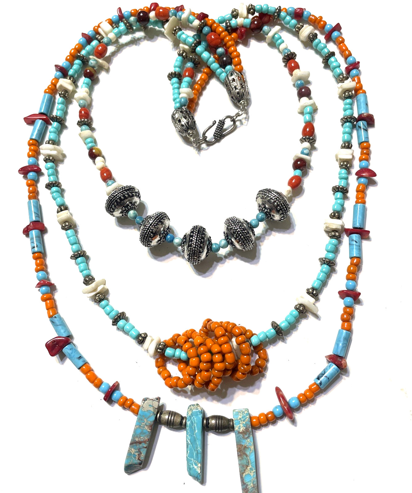 Southwestern Necklace Beaded Multiple Strand Glass Stone Metal