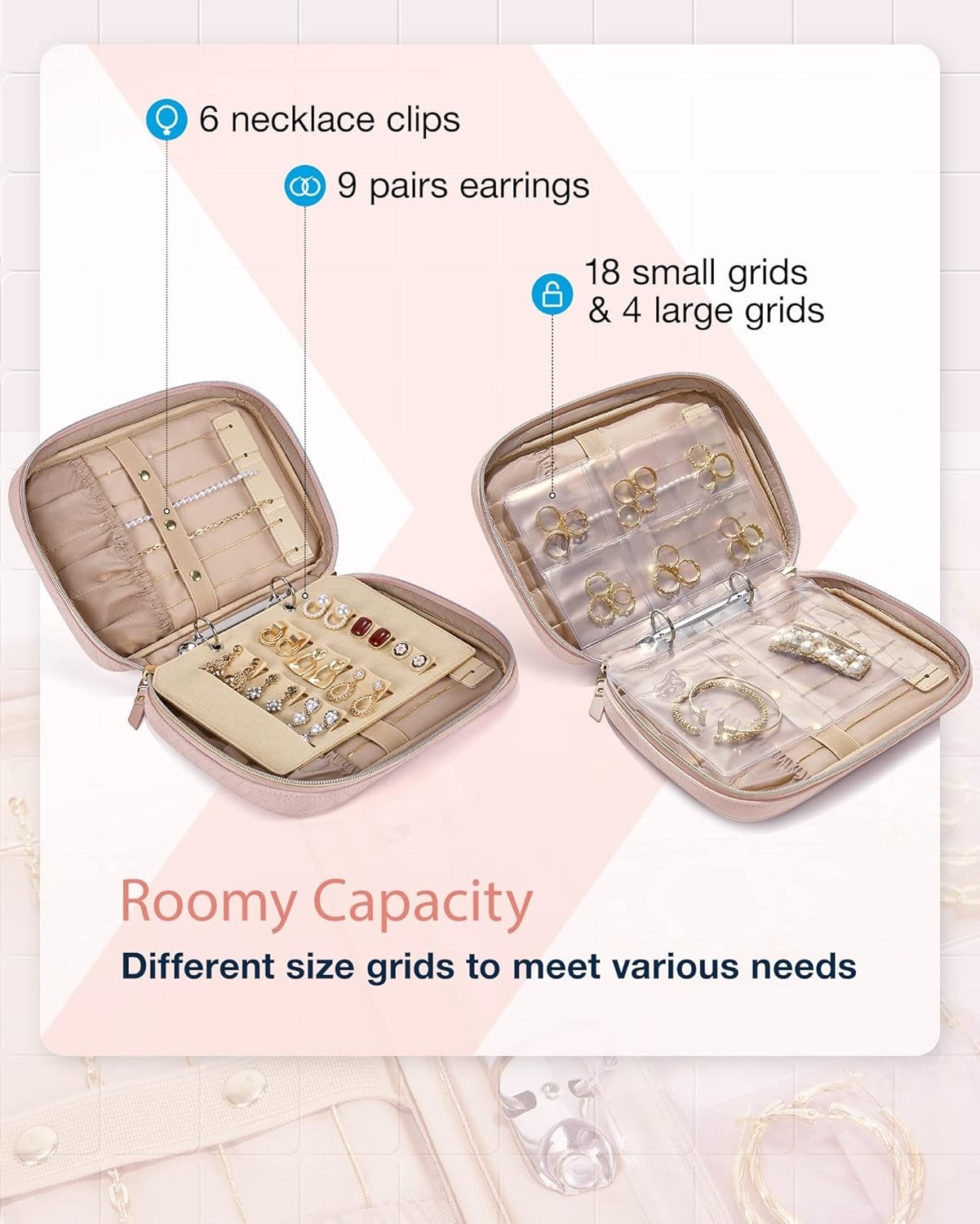Portable Waterproof Jewelry Organizer – Pink Ring Binder for Travel & Home Use