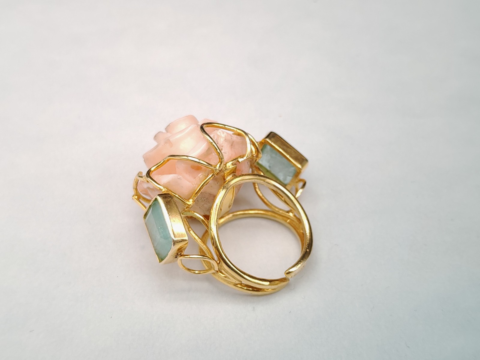 Women’s Ring Real Coral Pink Band 925 Silver Plac Yellow Gold Handmade