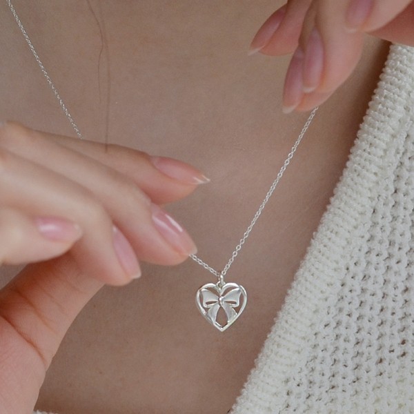 925 Sterling Silver Heart Bow Pendant Necklace Korean Jewelry