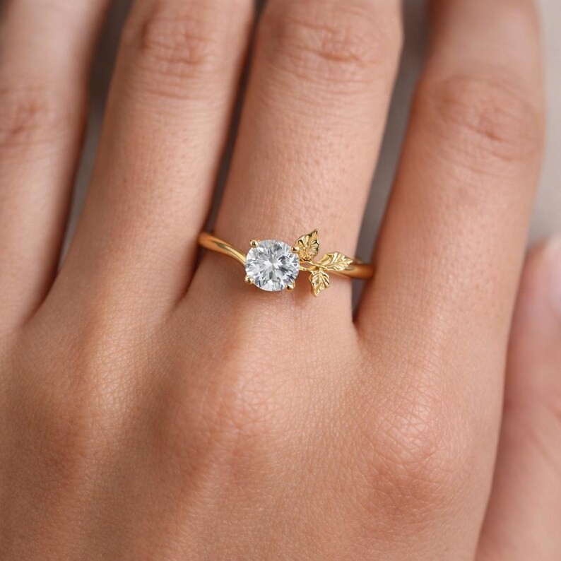 Nature Inspired Round Moissanite Ring Stackable Leaf Style Anniversary Gift Her