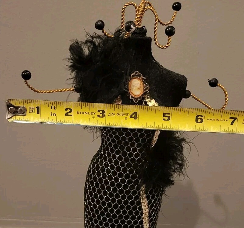Victorian Style Fringed Sequin Mannequin Doll Hook Jewelry Holder Cameo Feathers
