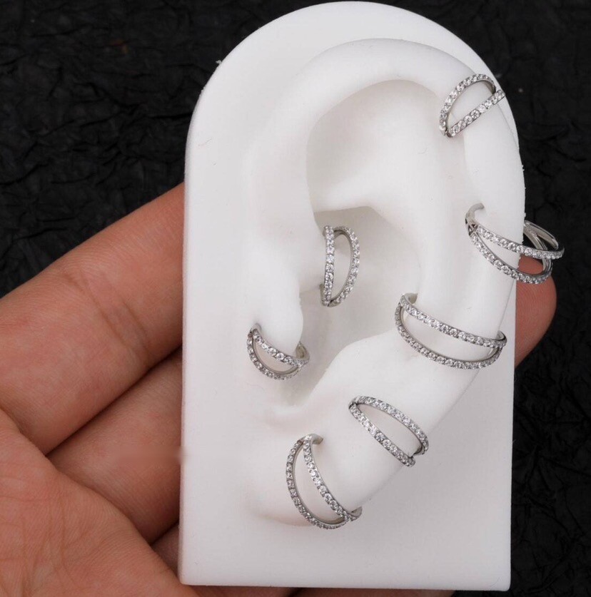 17G Double Line CZ Cartilage Hoop Nose Rings Helix Daith Conch Piercing Earrings