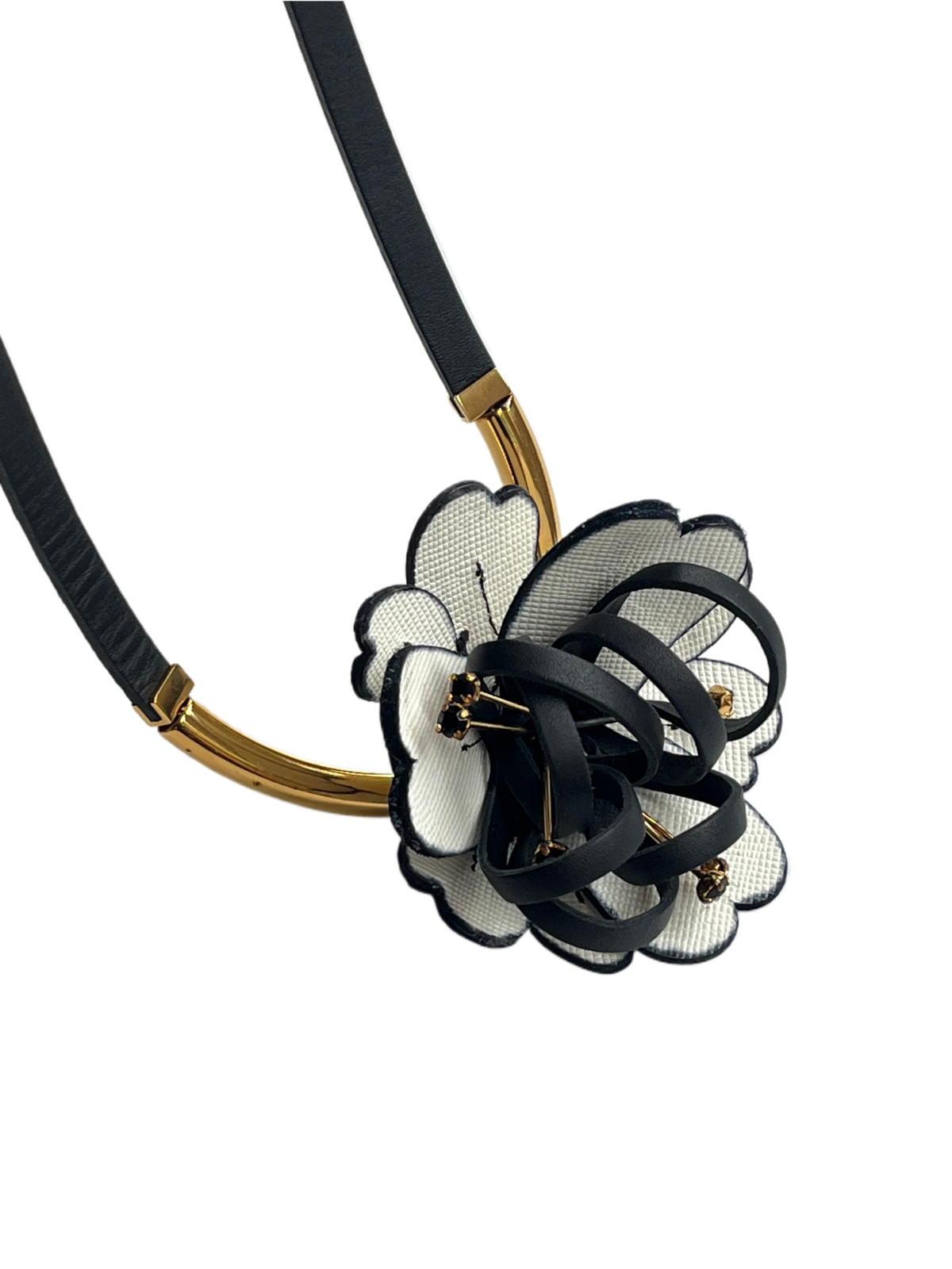 Marni Leather Flower Long Necklace with Adjustable Slider
