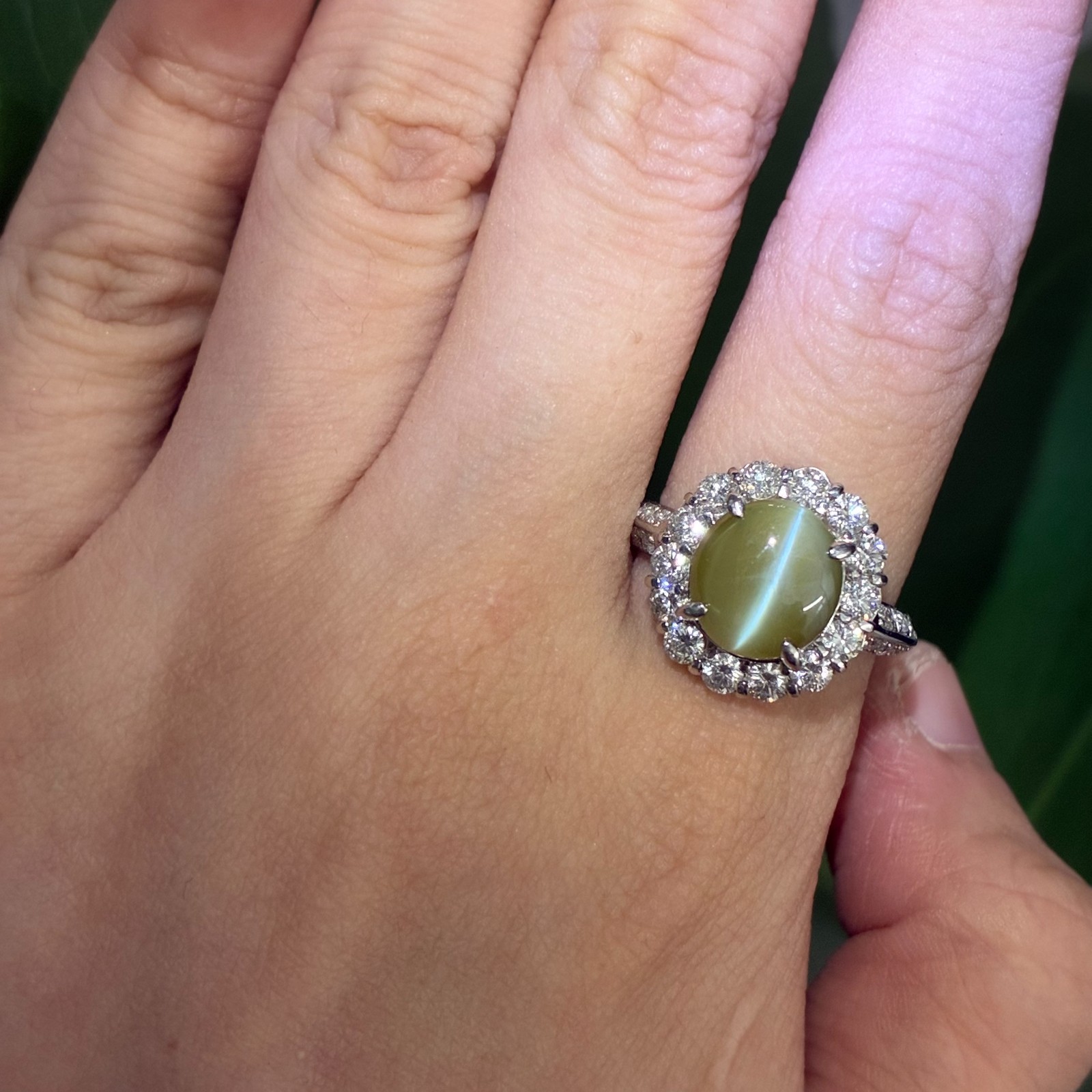 Pt900 Platinum Chrysoberyl Cat’s Eye 5.743ct Diamond Ring Size US 6.5