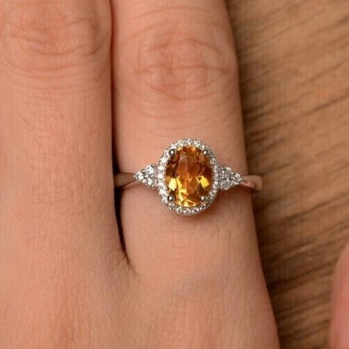2 Ct Oval Cut Simulated Citrine Engagement Halo Ring 14k White Gold Plated