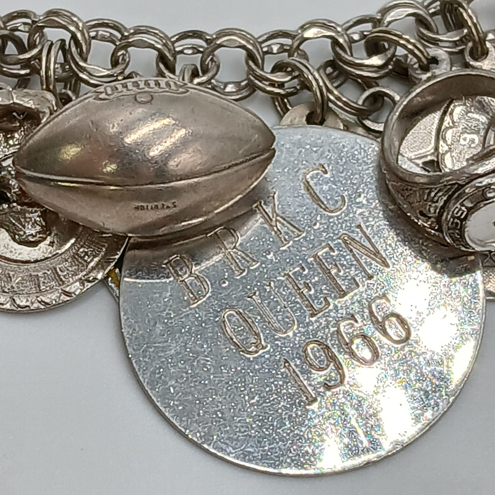VTG 60s Charm Bracelet 8in Sterling Silver 70g JANE School Travel Faith South US