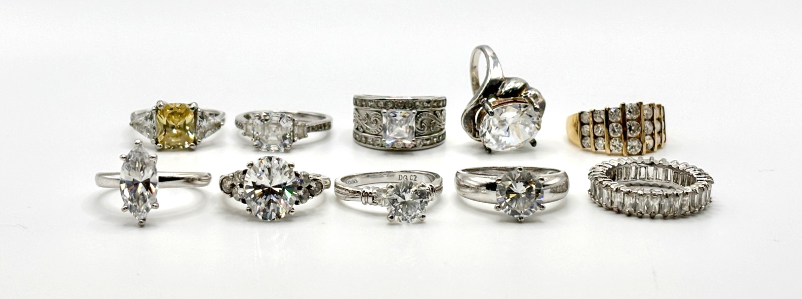 10 pc Lot Of Vintage Signed 925 Sterling Silver CZ Rings Sizes 6.5 ~ 9 50 Grams