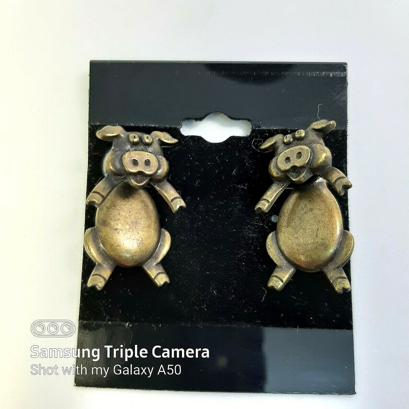 JJ Jonette PIGLET Articulated 2 Piece 3D Pierced Earrings Brass Tone Signed