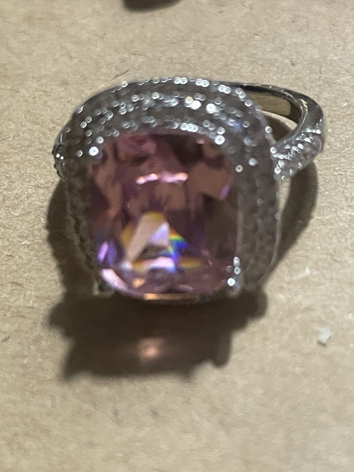 Cushion-Cut Pink Cocktail Ring White Halo Stones on a Silver-toned Pave Set Band
