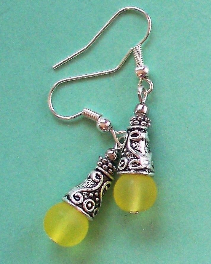 lemon YELLOW SEA FROSTED GLASS drop earring SP HANDCRAFTED XX