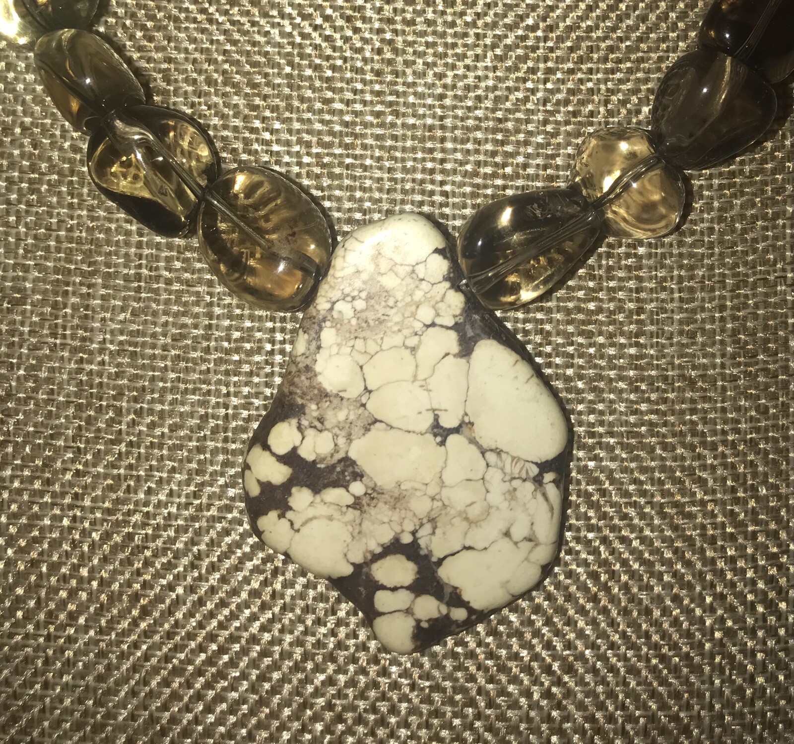 White/Cream HOWLITE PENDANT Chain Of Stone Beads & Transparent Stones Natural
