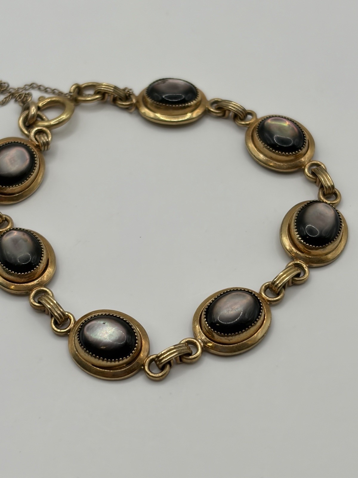 Vintage 1/20 12K Gold Filled Black Mother of Pearl MOP Oval Link Bracelet 6.25″