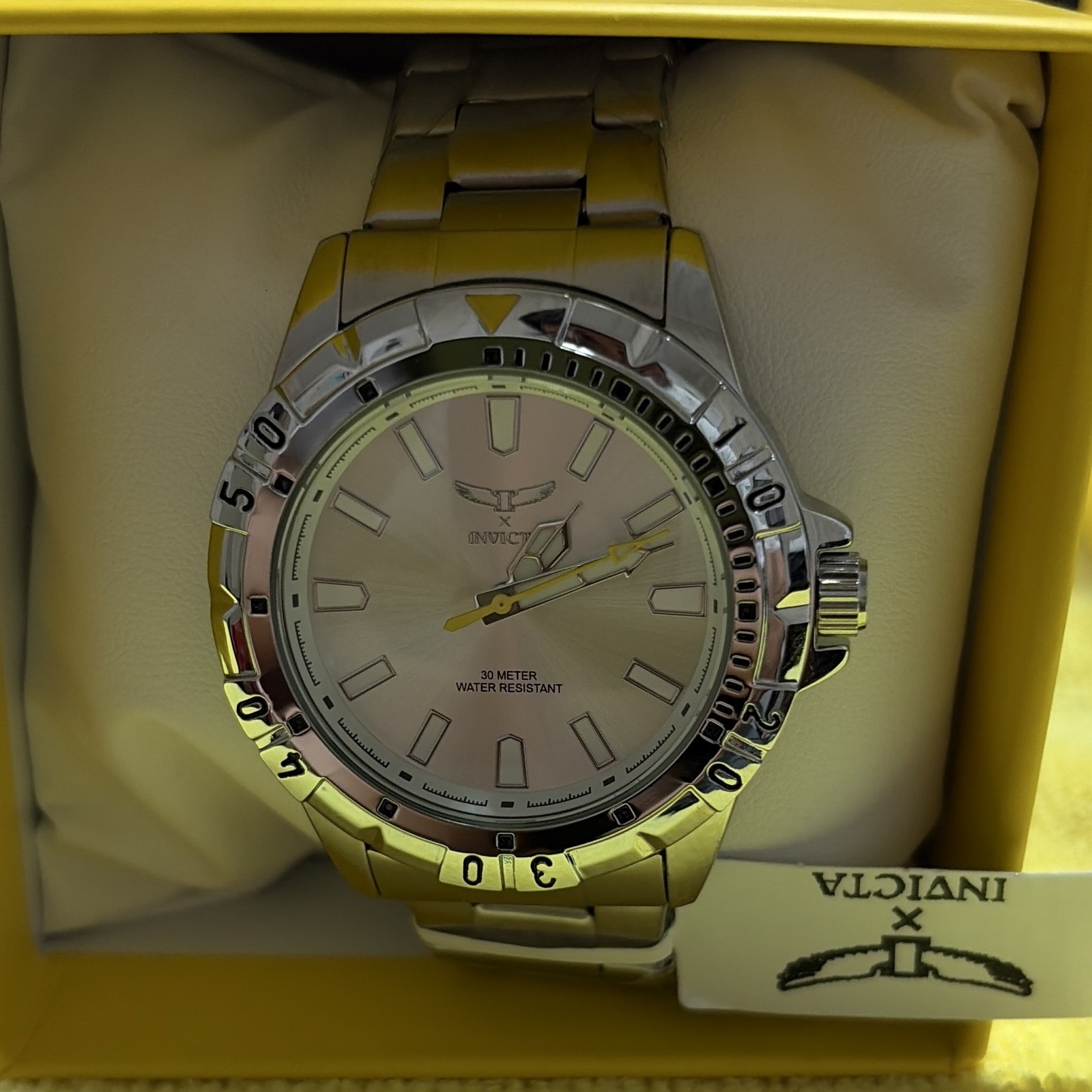 Invicta Quartz Analog Silver Dial Steel Bracelet Stick Indices WR 100m Box