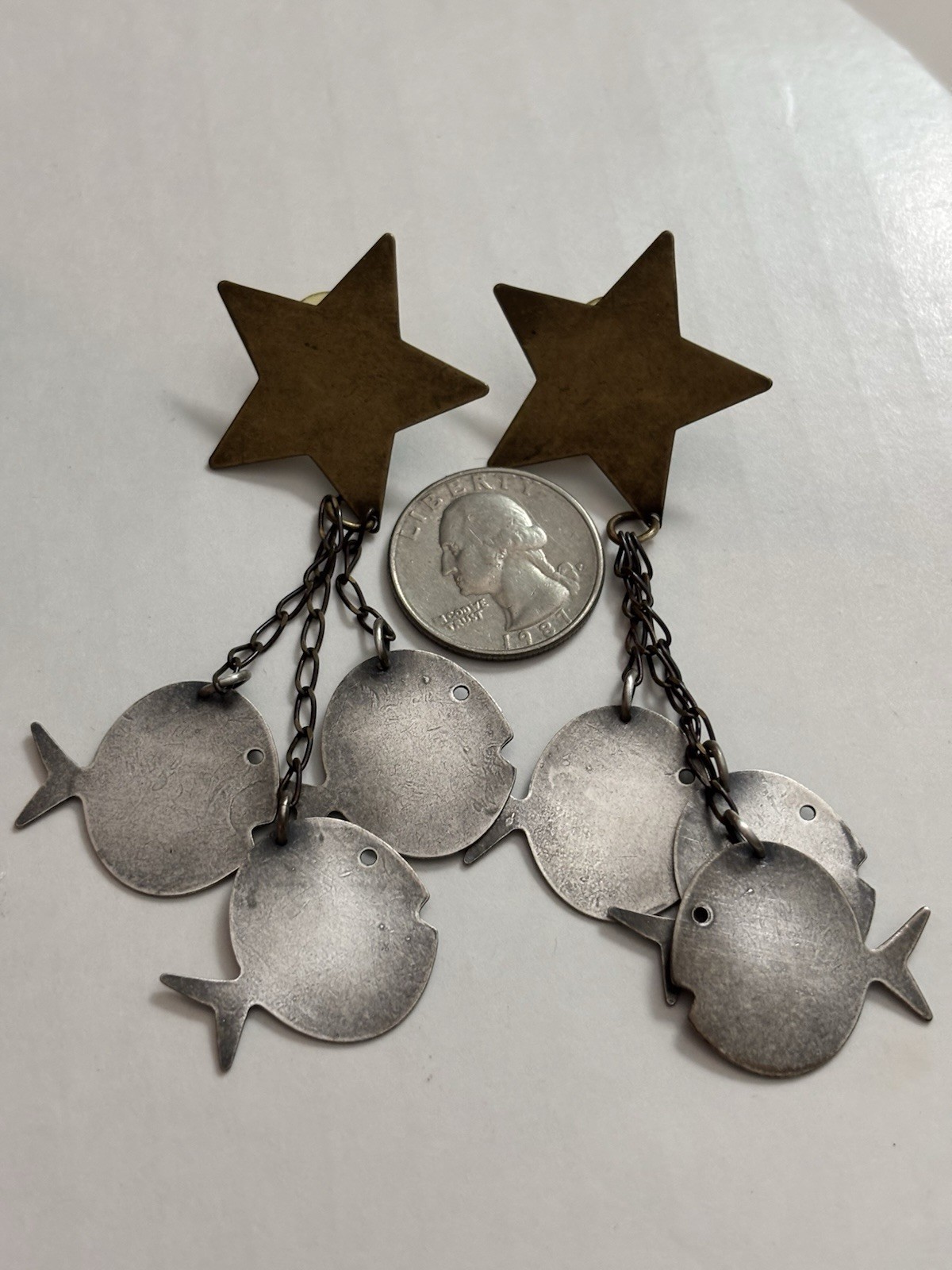 Vintage 1992 Susan L Richardson Star and Fish Dangle Earrings Pierced 3.75 In