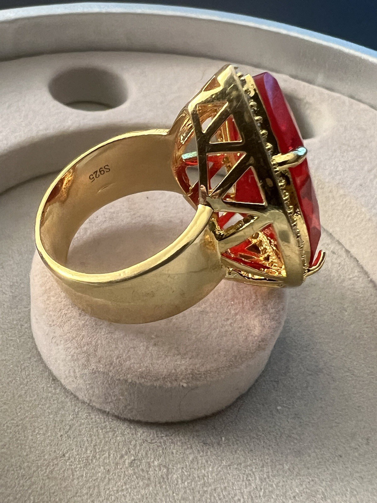 8 Size Stamped 925 Gold Tone Big Red Crystal Ring