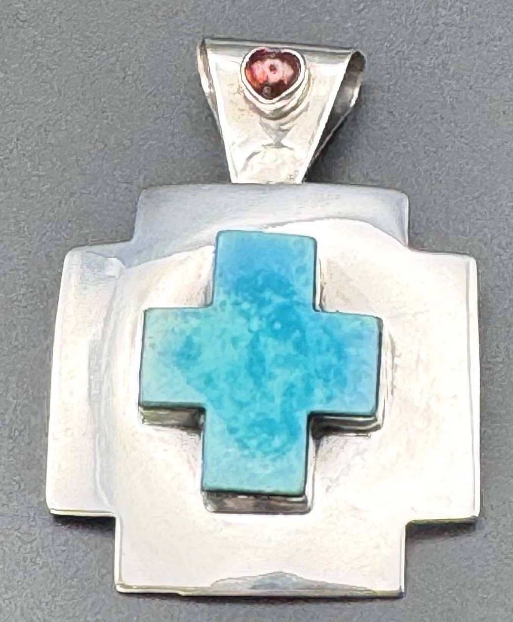 Nakai Sterling Silver Turquoise Cross Pendant Brooch Garnet Heart Signed 22.4g