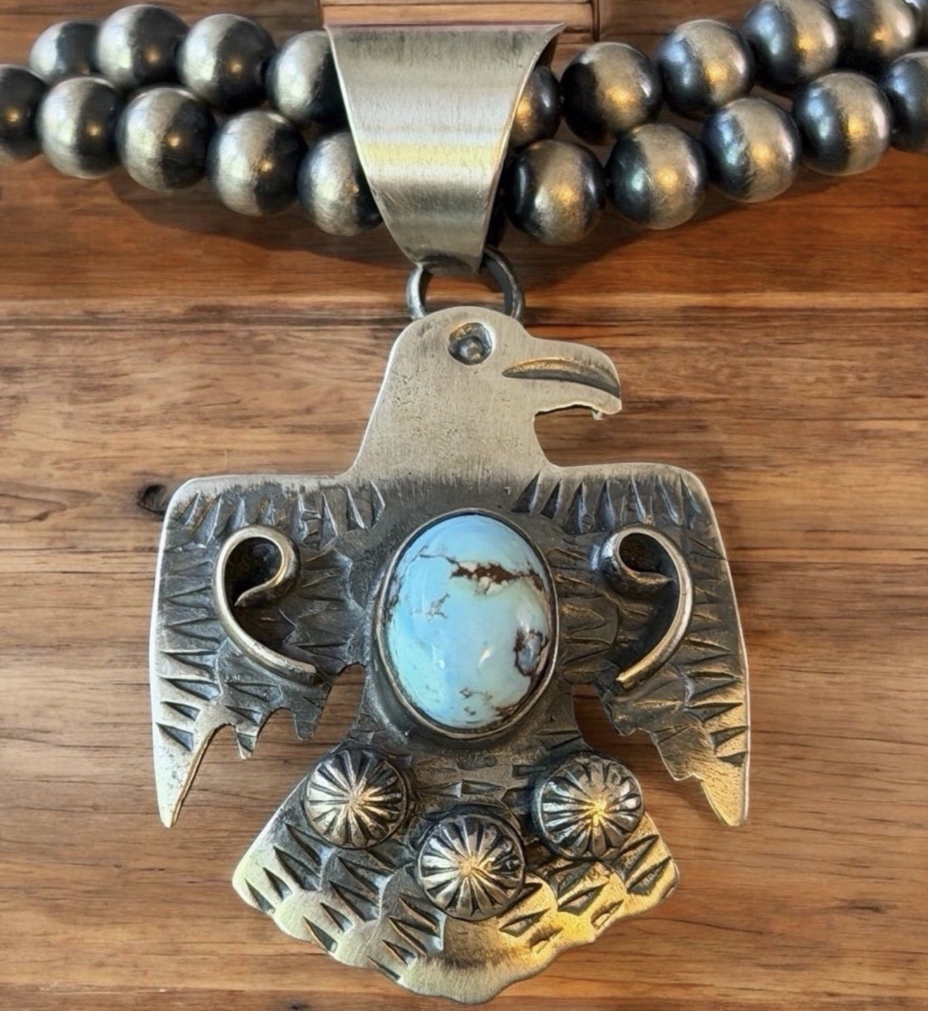 Golden Hills Turquoise Thunderbird Sterling Silver Pendant Chimney Butte