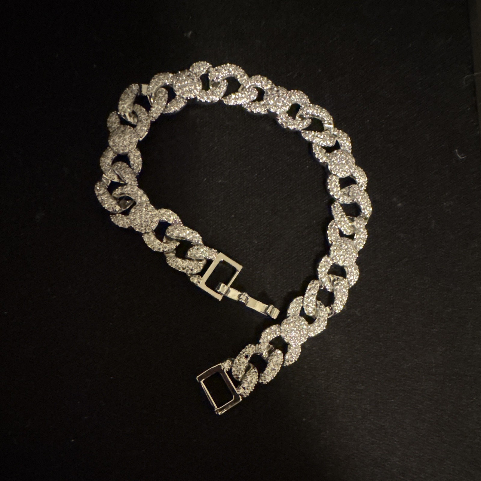 Silver Tone Cuban Link Pavé Rhinestone Bracelet, White Round Stones, Box Clasp