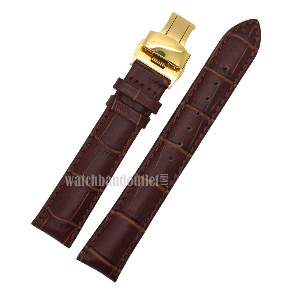 Brown Genuine Leather Watch Band+Push Button Butterfly Deployant Clasp Buckle