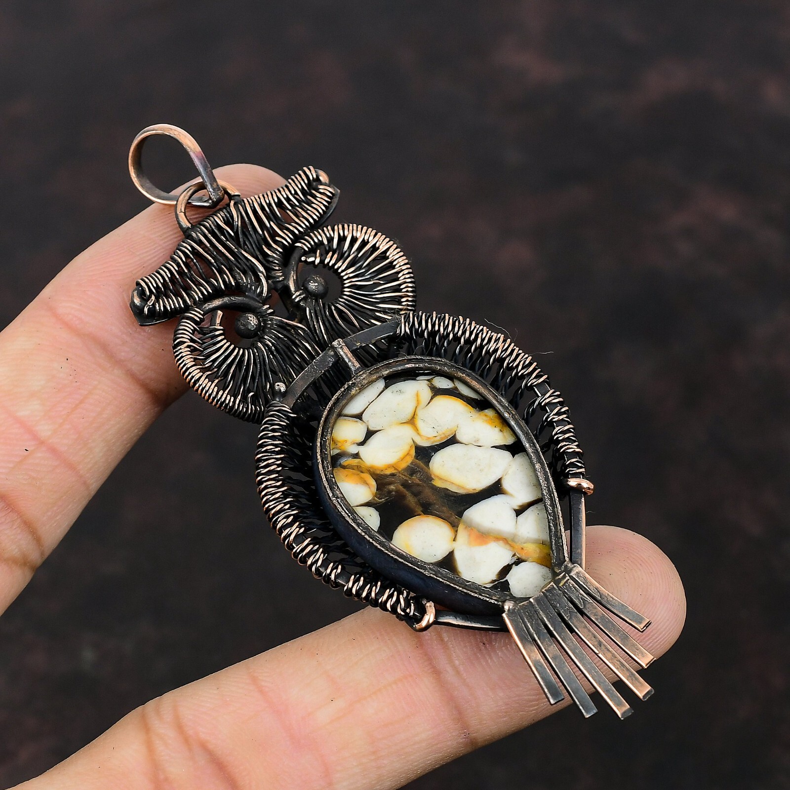 Gift For Her Peanut Wood Jasper Wire Wrapped Owl Pendant Copper Jewelry 3.39″