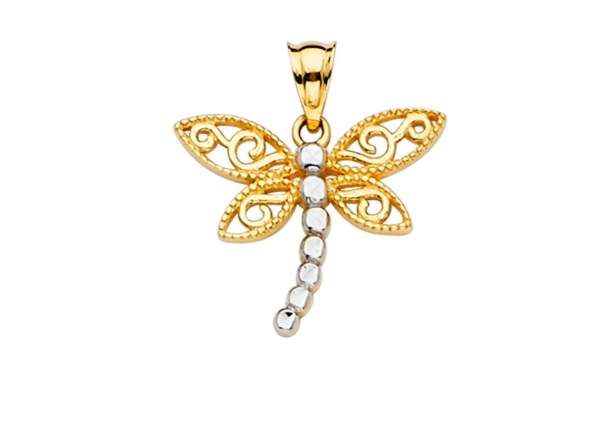 14K Solid Gold Small Dragonfly 20mm / 0.78″ Pendant, 2 Tone Gold Charm – PT2359