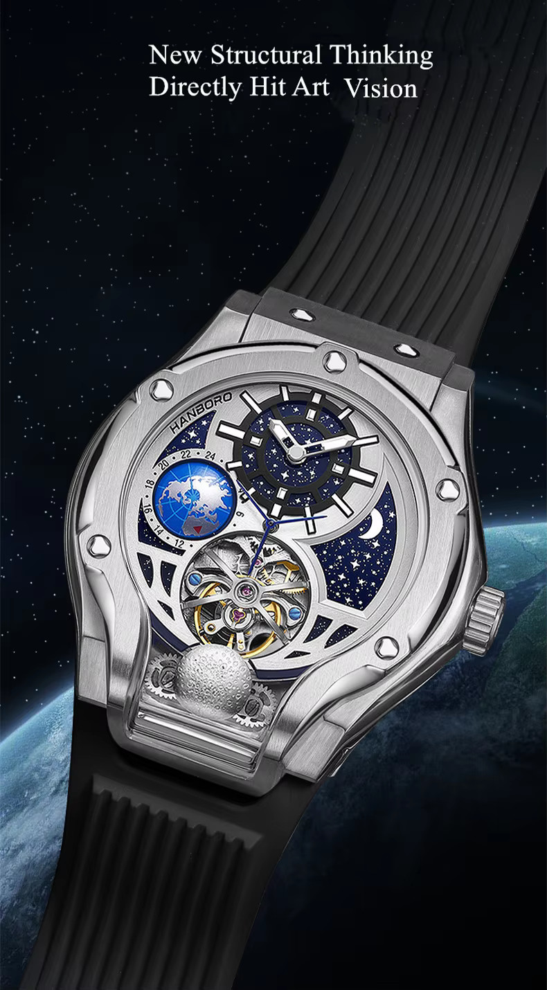HANBORO Men Automatic Watch Sapphire Crystal Stainless Steel Skeleton H980 Silve