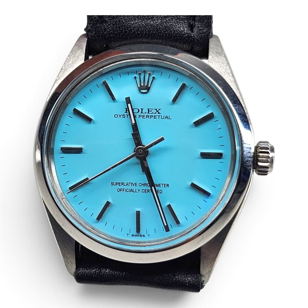 Rolex Oyster Perpetual 34mm Blue Turquoise Steel Automatic Watch 5500 Circa 1974