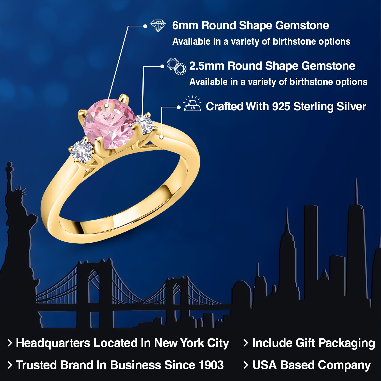 18K Yellow Gold Plated Silver Pink Zirconia and White Created Sapphire 3-Stone