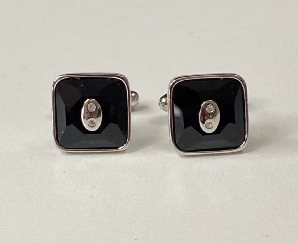 Swarovski Cufflinks Swan Signed Black and Silver Tone Square Crystal 1.5cm
