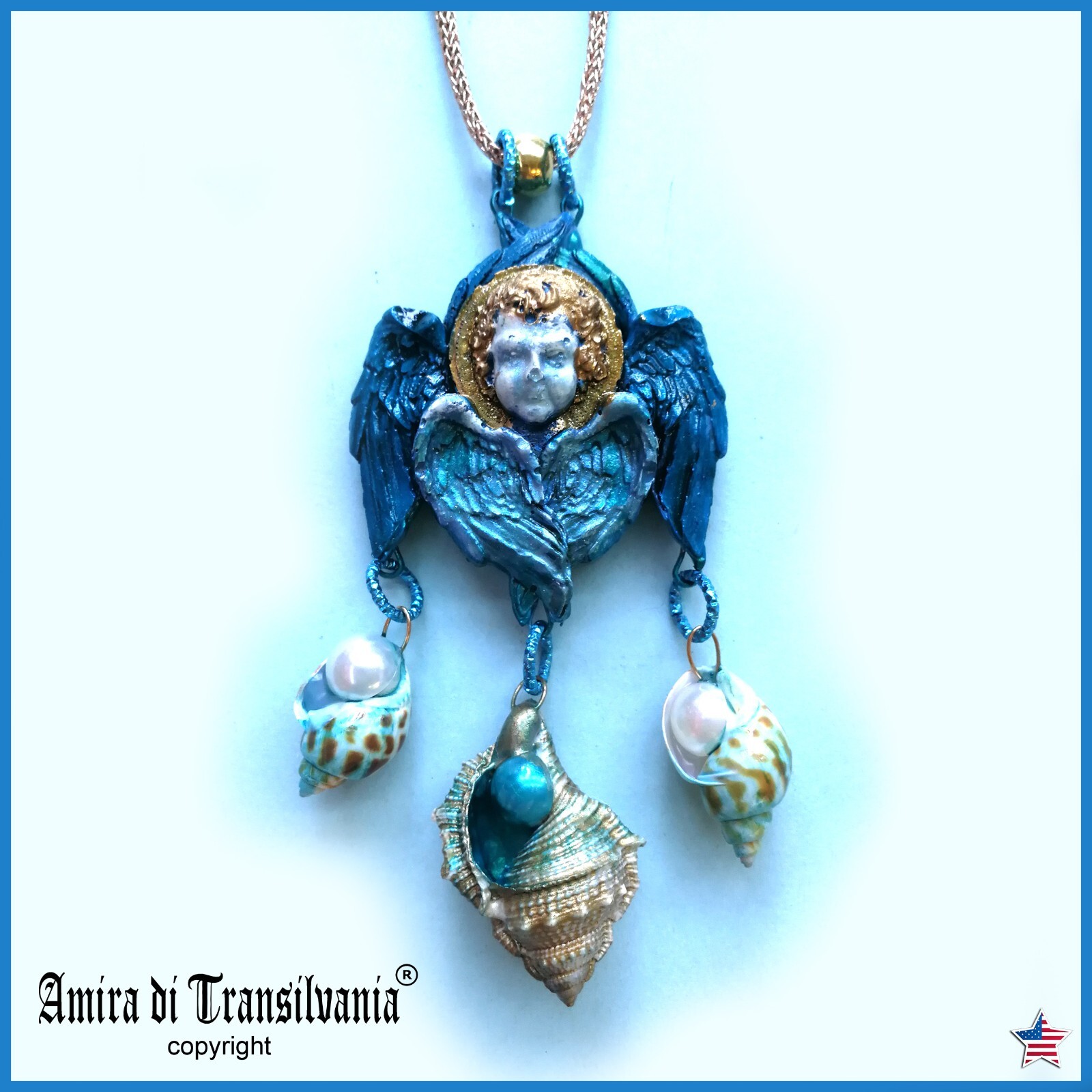 Talisman Amulet Blue Angel Rhinestone Necklace Pendant Wings Pearl Shell Jewelry