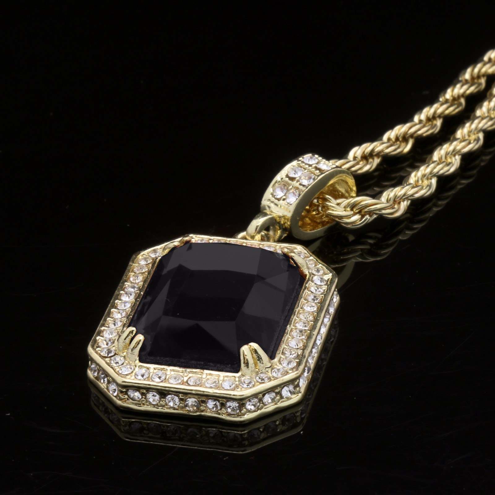 Mens Hip Hop 14k Gold Plated Cubic-Zirconia Fashion Pendant 24″ Rope Chain BK