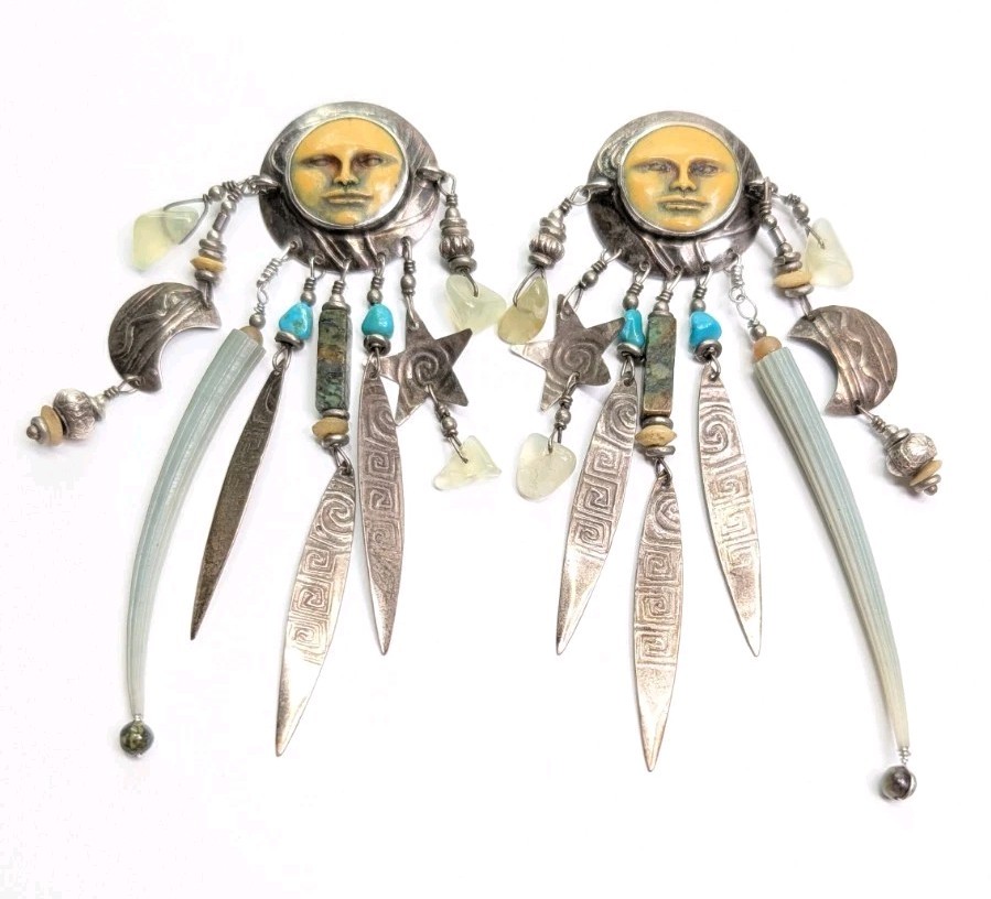 Vintage Tabra Moon Face Dangle Earrings Celestial Charms Sterling Silver 3.75 In