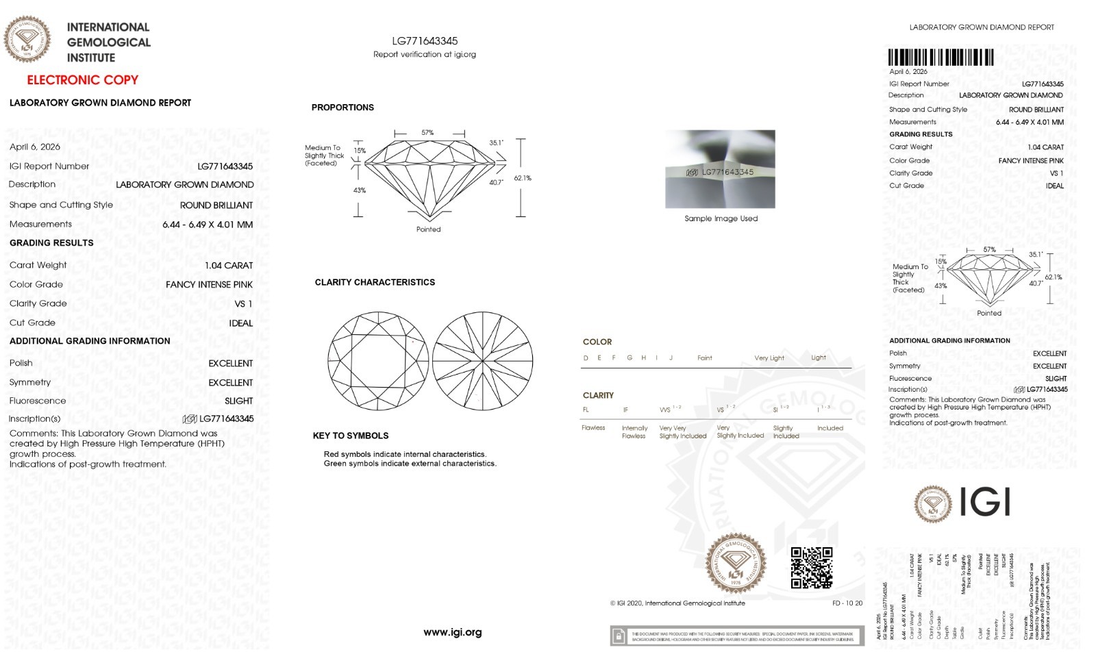 1.04 VVS2 Clarity Carat Round Lab Diamond For Eco Friendly Stone