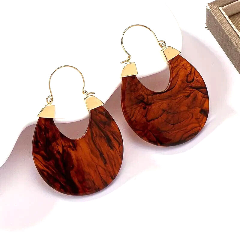 Vintage Bohemian Unique Brown Resin Plate Design Hoop Jewelry Gift Women