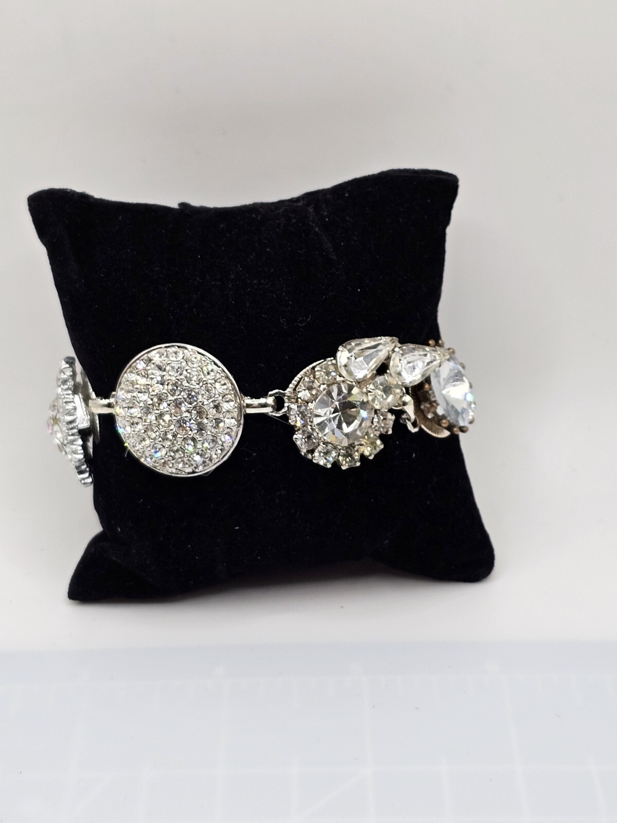 Handmade Mixed Media Rhinestone Bracelet Vtg Contemporary Jewelry OOAK 8″ Retro
