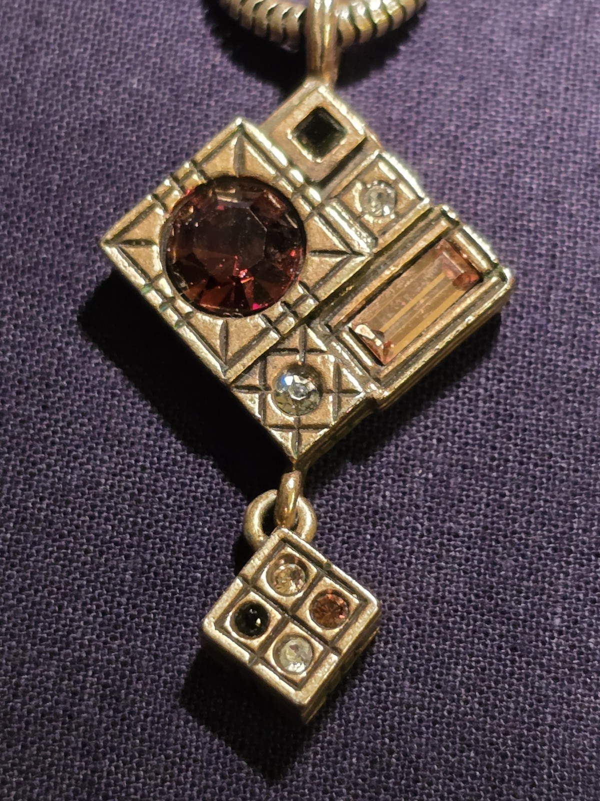 Vintage Patricia Locke Gold Swarovski Crystal Double Square Pendant Necklace