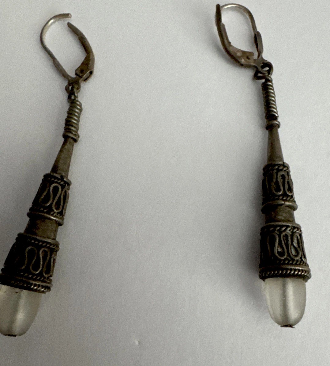Vintage Filigree Moonstone Drop Earrings Silver Oxidized Finish Boho Style