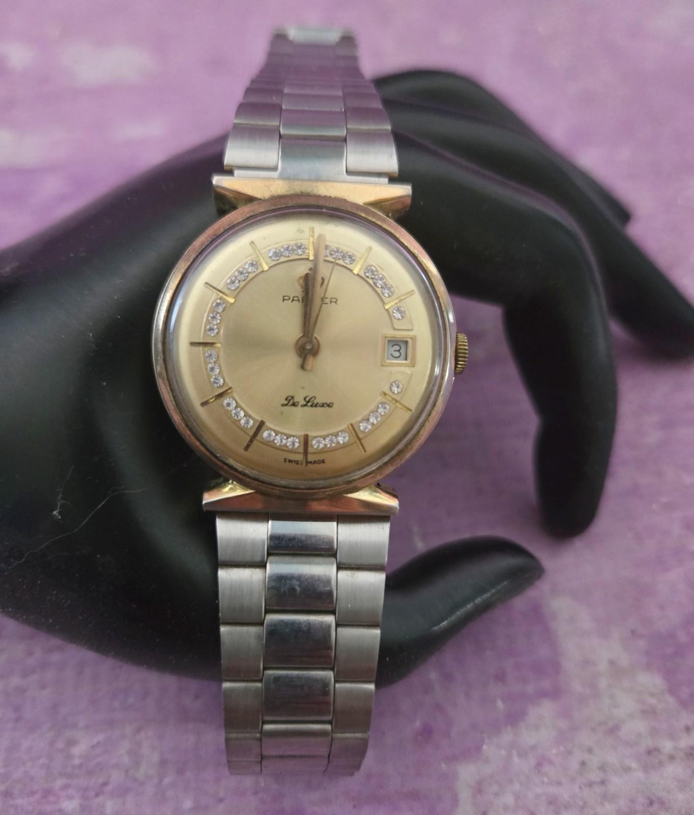 VTG Parker De Luxe Swiss Made Watch Crystals Gold Tone Dial Indices Seiko Band