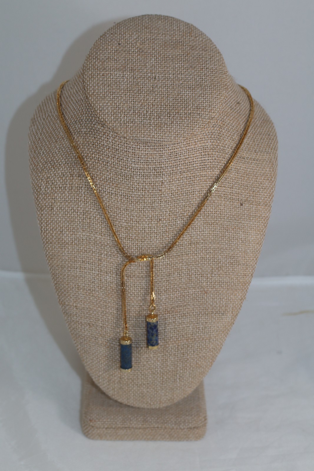Vintage Hobé Gold Tone Lariat Sautoir Necklace Genuine Sodalite Stone Tassel