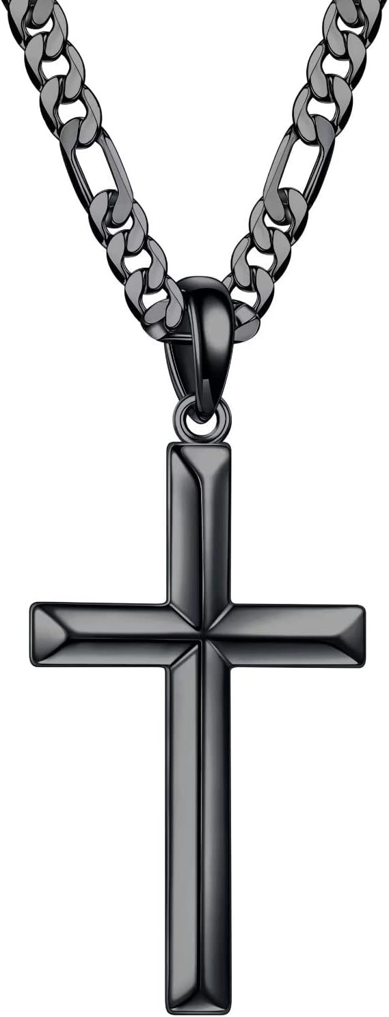 Ursteel S925 Sterling Silver Cross Pendant for Men, 16-24 Inch Figaro Brass