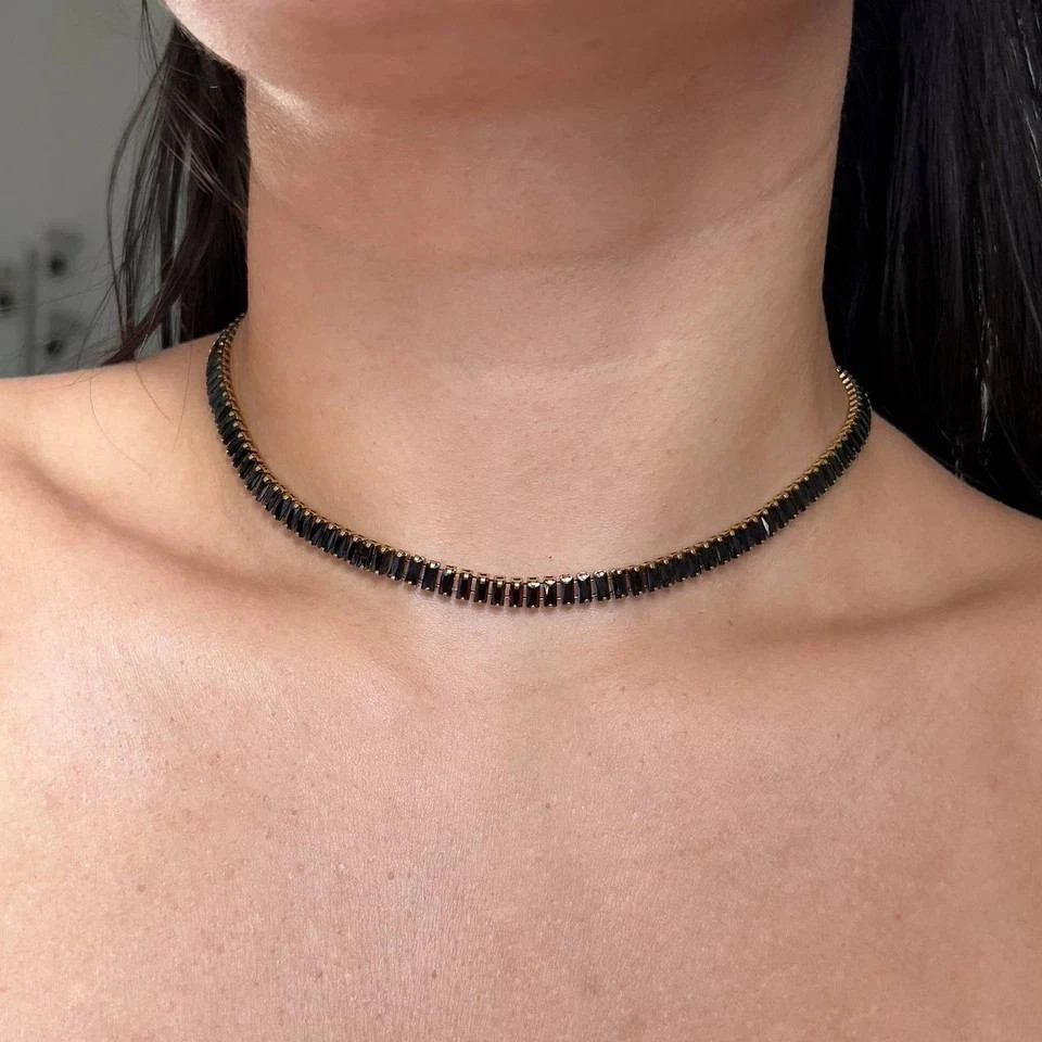 20TCW Baguette Lab Created Black Diamond Choker necklace 14k Yellow Gold Plated